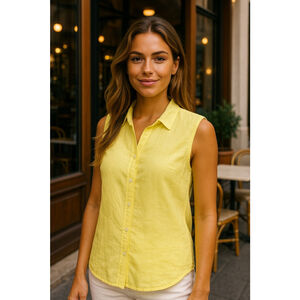 Anthony’s Bright Yellow Linen Shirt Resortwear XL Sleeveless Button Front Vaca